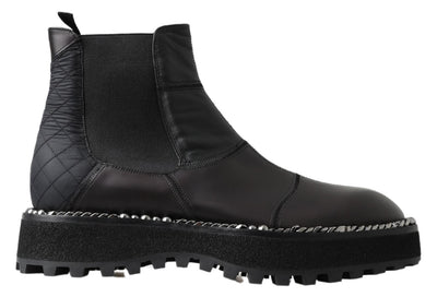 Black Leather Slip on Stretch Boots