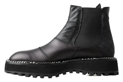 Black Leather Slip on Stretch Boots