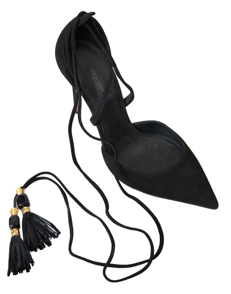 Black Ankle Strap Tassel Tie Suede Sandal