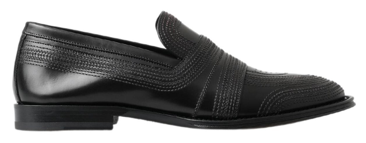 Black Leather Slipper Loafers Stitched Shoes