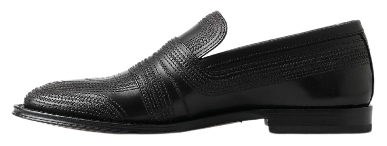 Black Leather Slipper Loafers Stitched Shoes