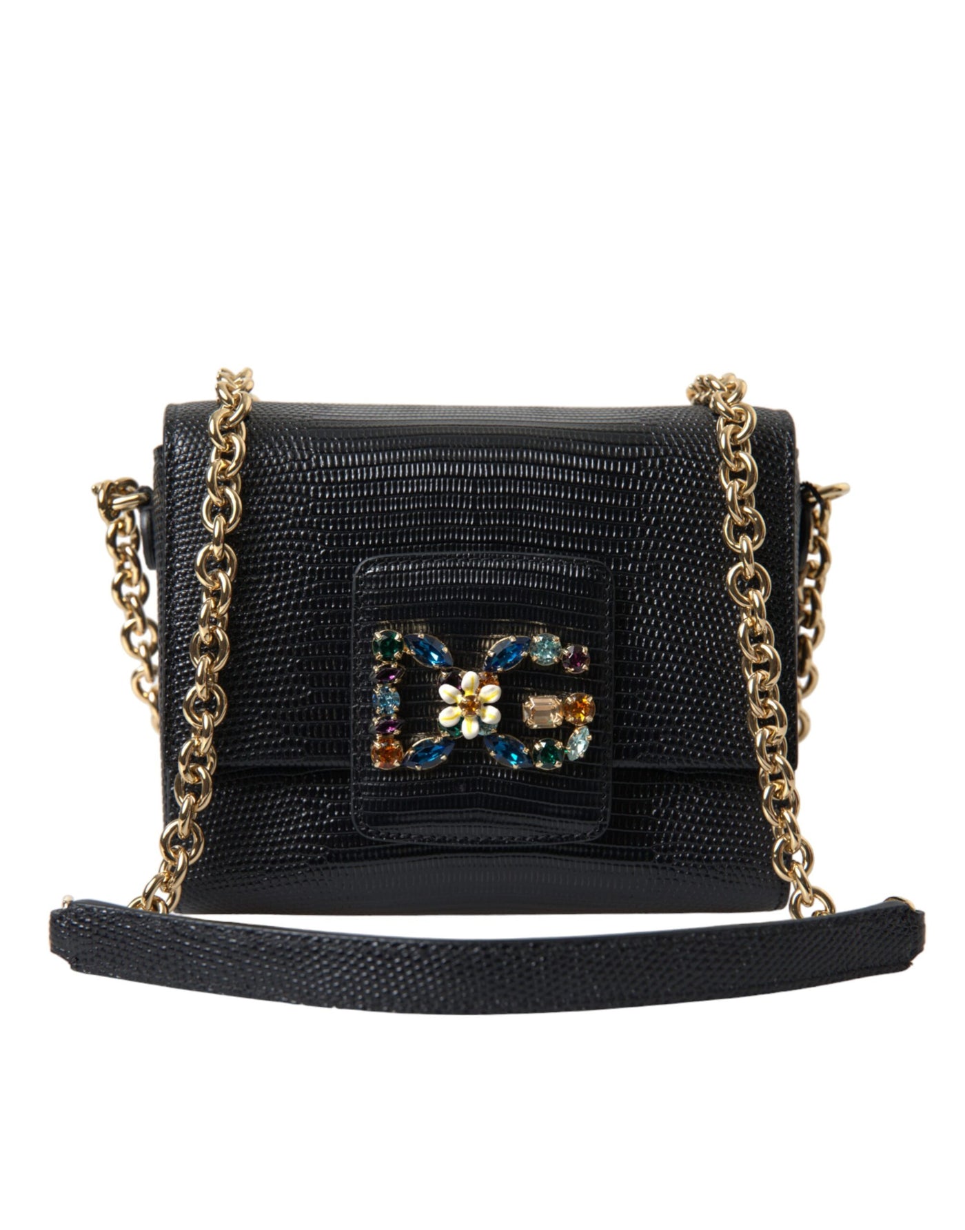 Black Leather DG Crystals Shoulder Crossbody Bag