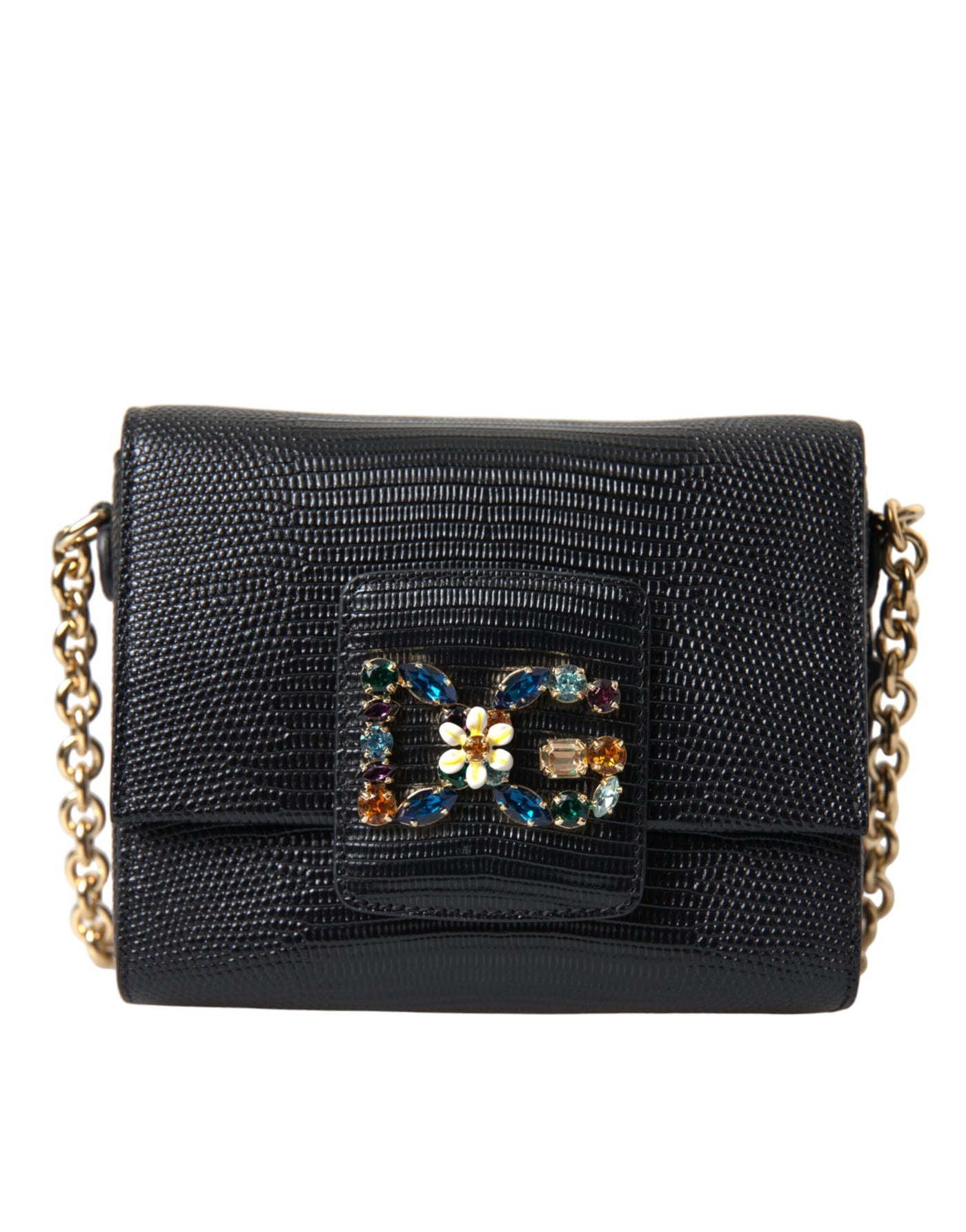 Black Leather DG Crystals Shoulder Crossbody Bag