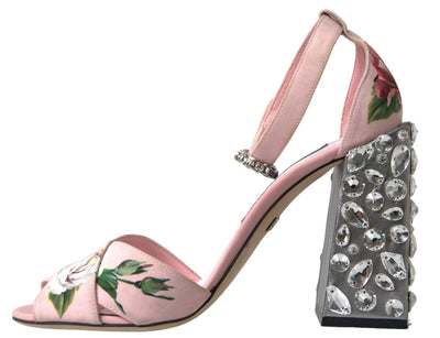 Pink Sandals Floral Bejeweled Block Heel Shoes