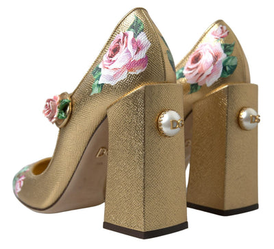 Gold Leather Floral Print Strap Pump Shoes