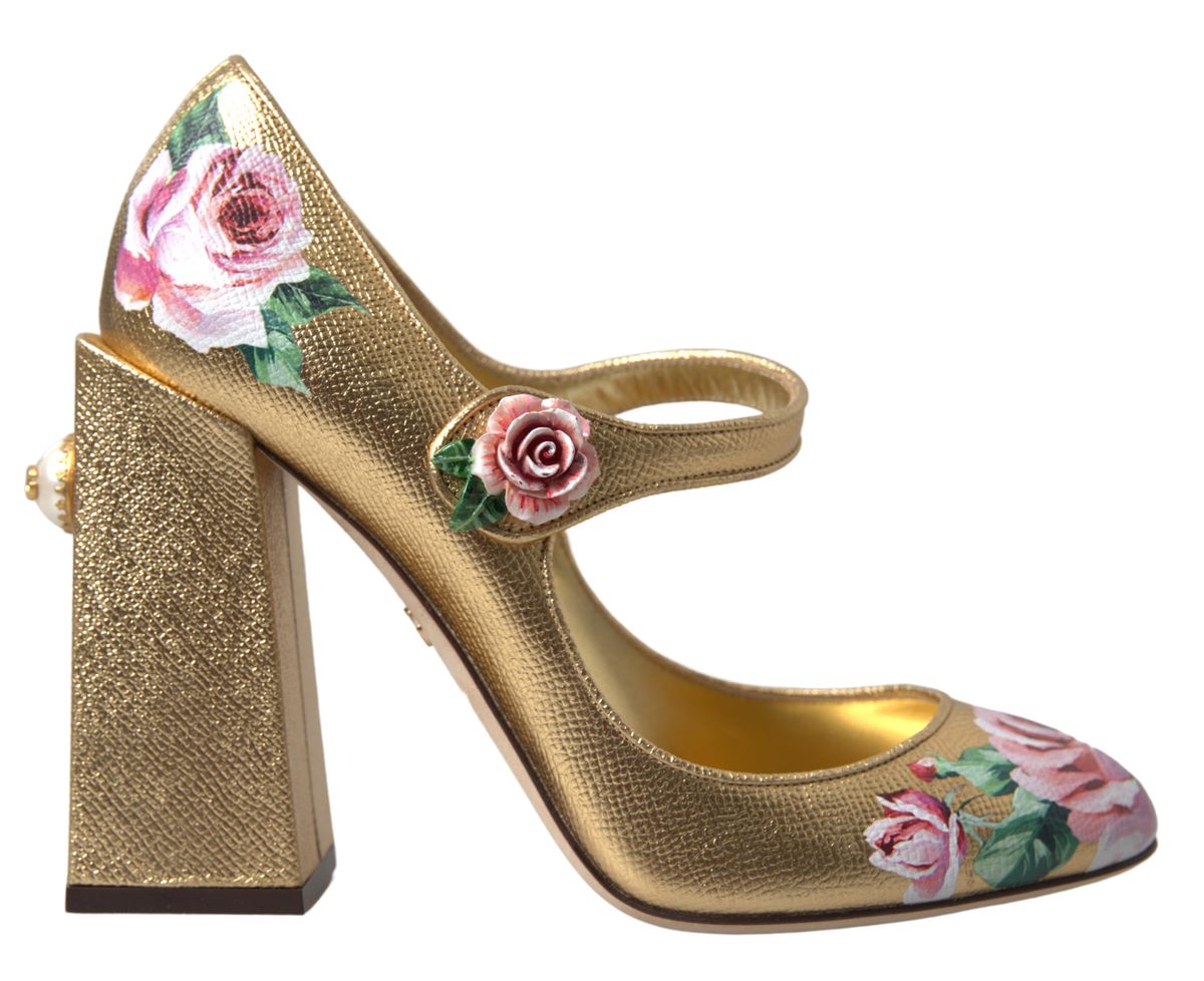 Gold Leather Floral Print Strap Pump Shoes