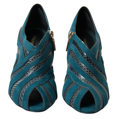 Blue Teal Snakeskin Peep Toe Ankle Booties Shoes