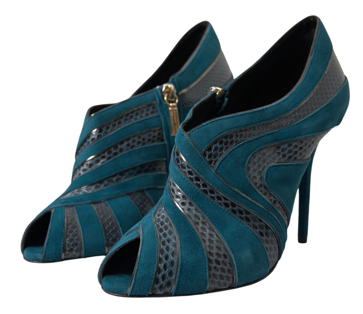 Blue Teal Snakeskin Peep Toe Ankle Booties Shoes