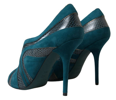 Blue Teal Snakeskin Peep Toe Ankle Booties Shoes