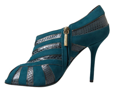 Blue Teal Snakeskin Peep Toe Ankle Booties Shoes