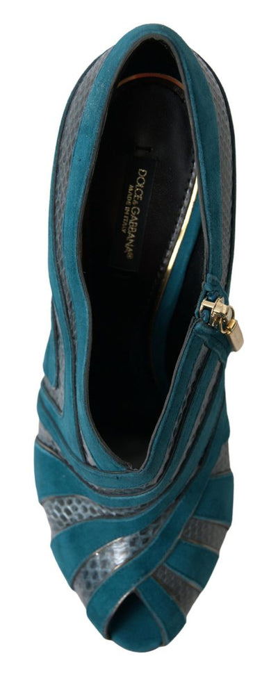 Blue Teal Snakeskin Peep Toe Ankle Booties Shoes