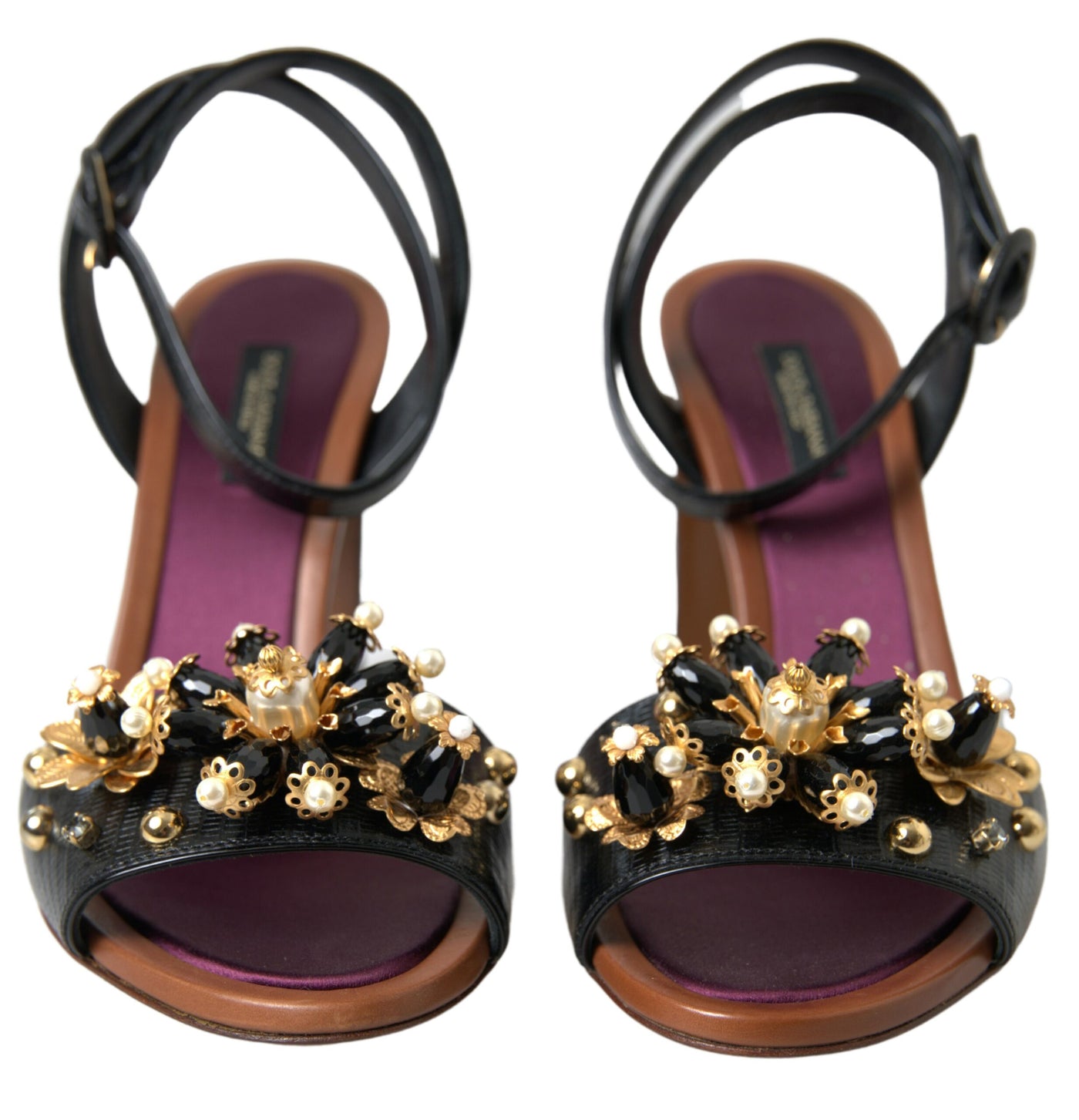 Black Lizard Embossed Floral Pearls Sandals Shoes