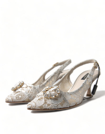 White Taormina Lace Crystal Slingback Shoes