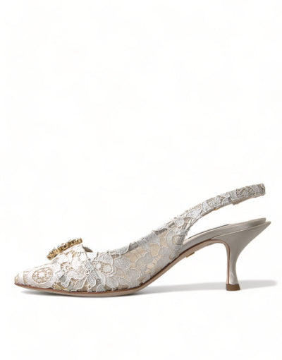 White Taormina Lace Crystal Slingback Shoes