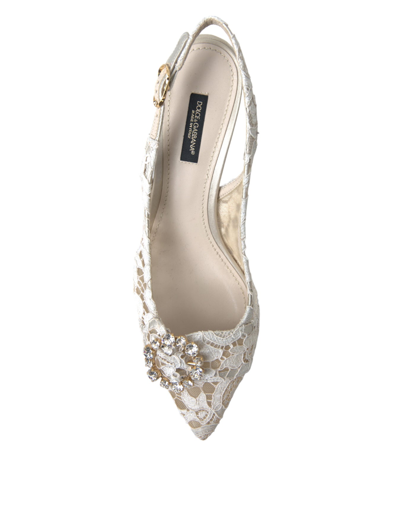 White Taormina Lace Crystal Slingback Shoes