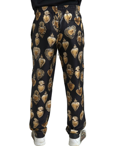 Black Heart Print Silk Men Jogger Pants