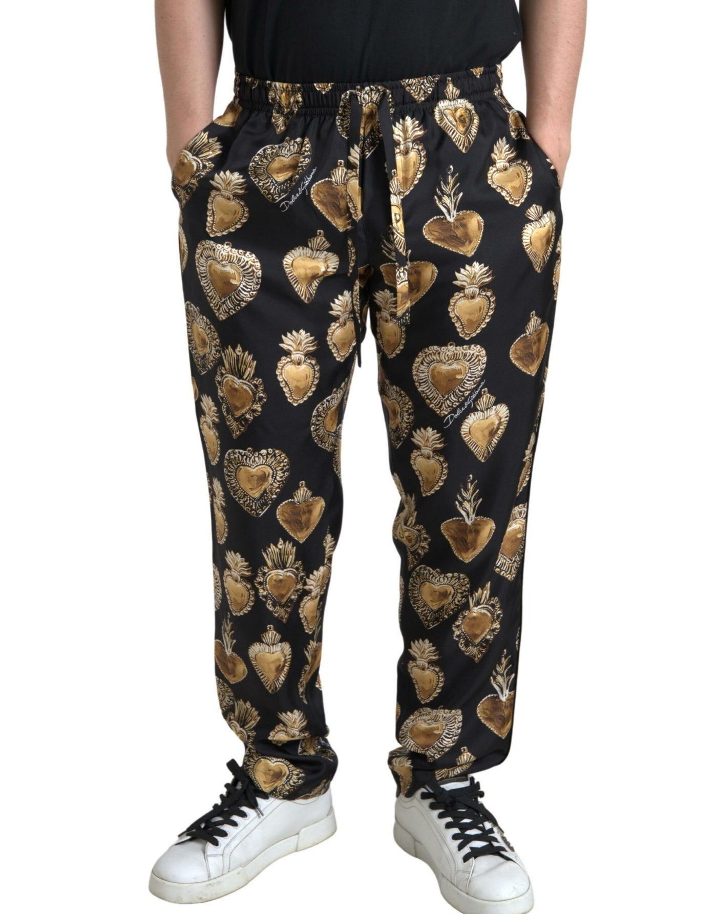 Black Heart Print Silk Men Jogger Pants