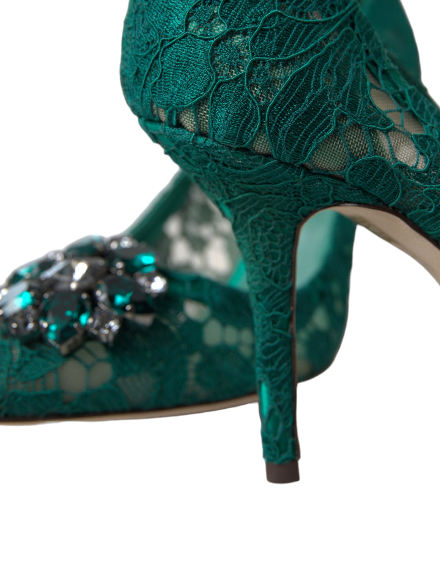 Green Taormina Lace Crystal Heels Pumps Shoes