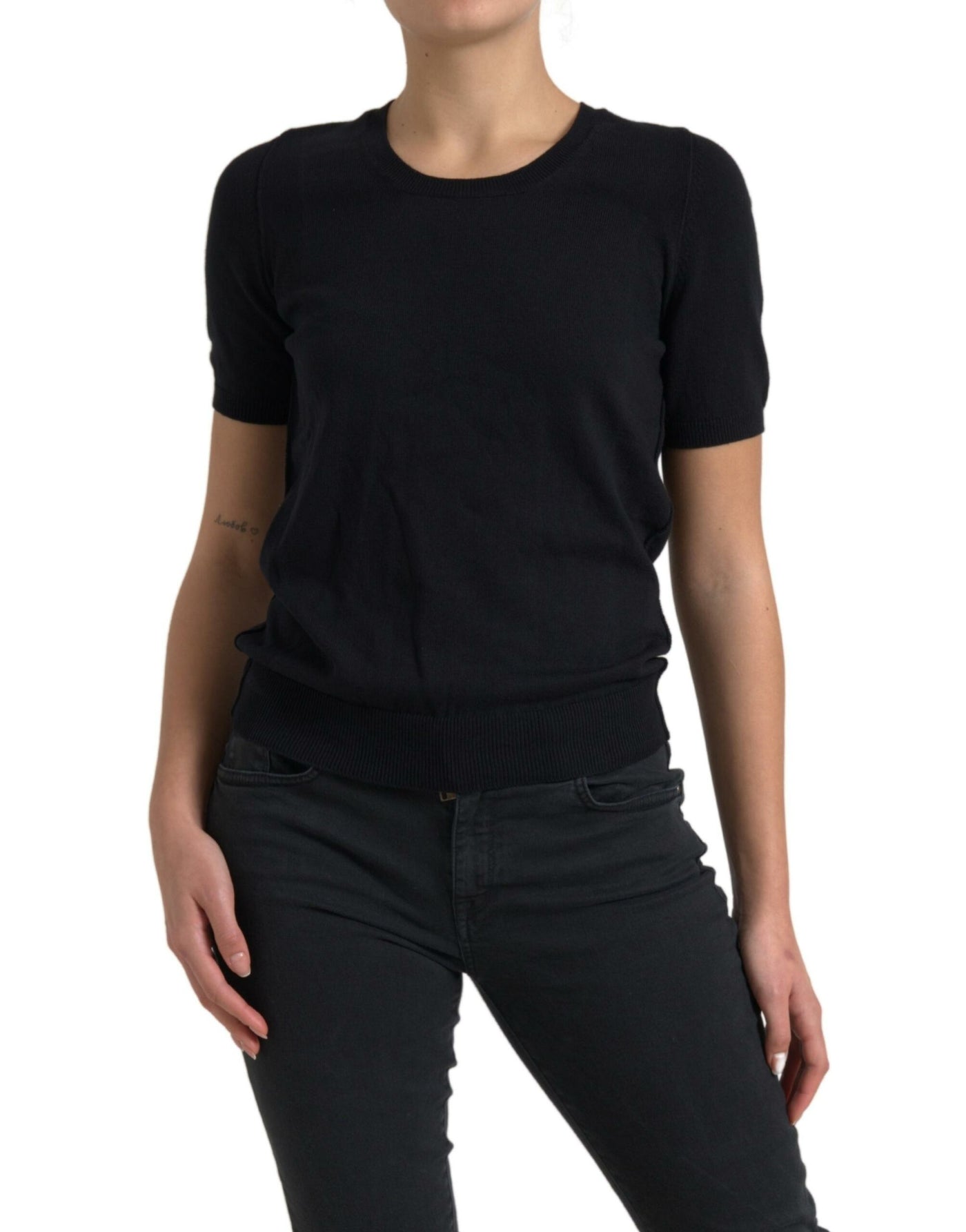 Black Cotton Crew Neck Short Sleeves Top