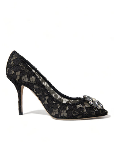 Black Taormina Lace Crystal Heels Pumps Shoes