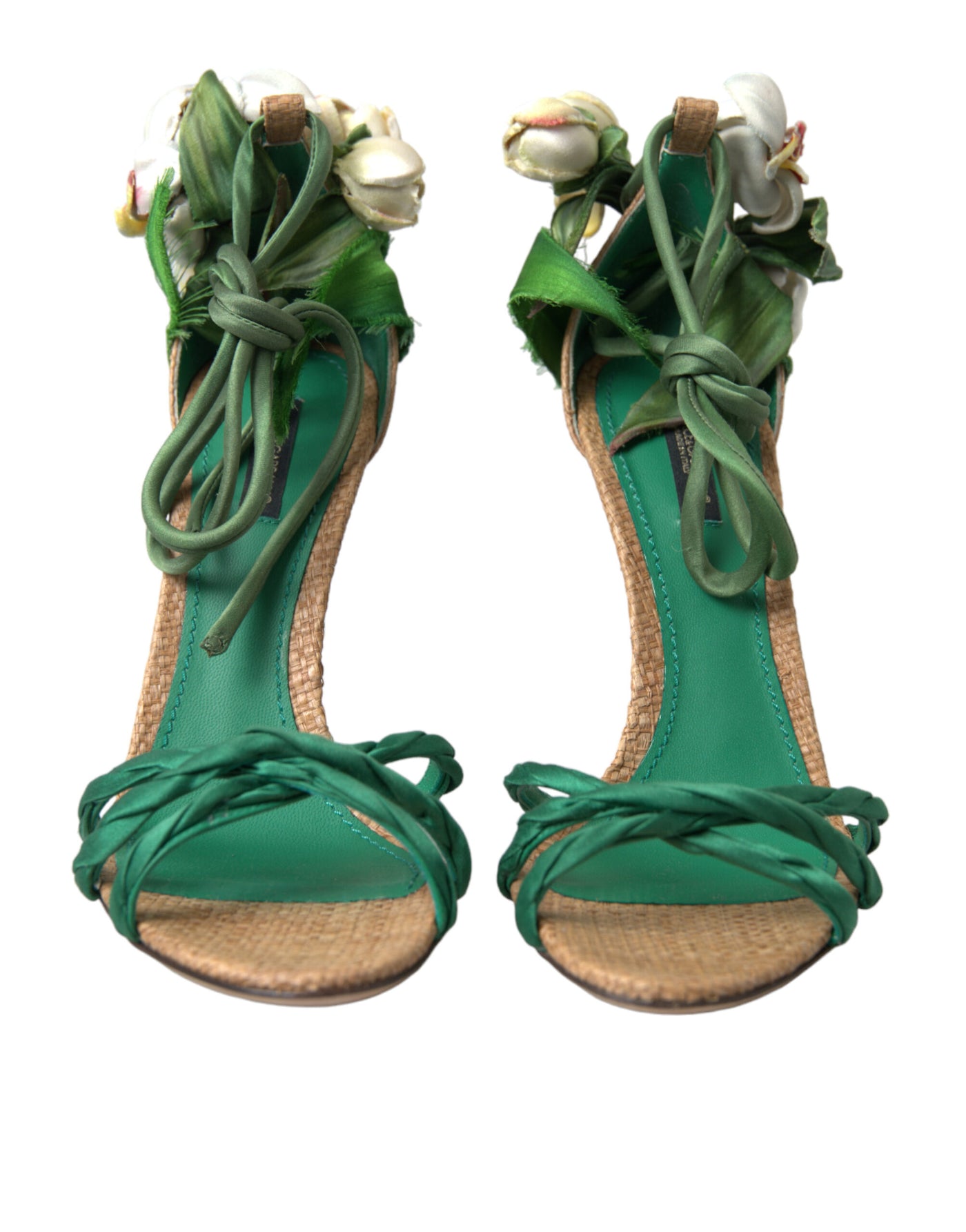 Green Flower Satin Heels Sandals Shoes