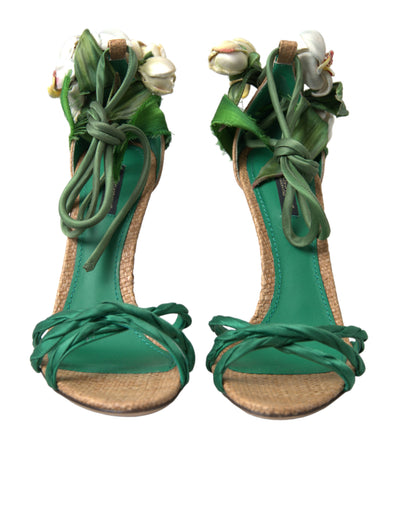 Green Flower Satin Heels Sandals Shoes