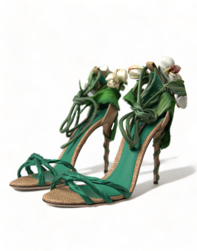 Green Flower Satin Heels Sandals Shoes