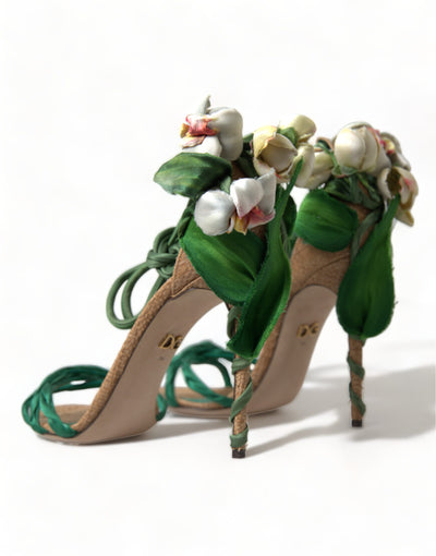 Green Flower Satin Heels Sandals Shoes