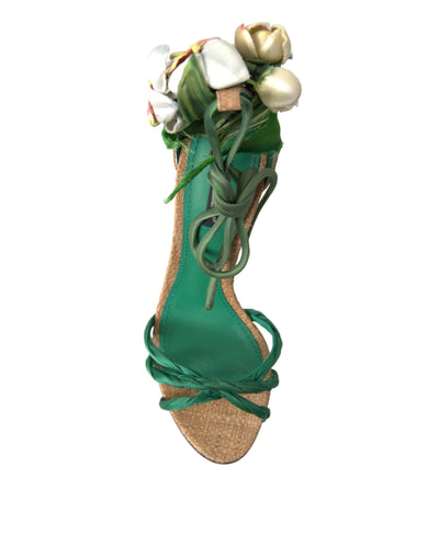 Green Flower Satin Heels Sandals Shoes