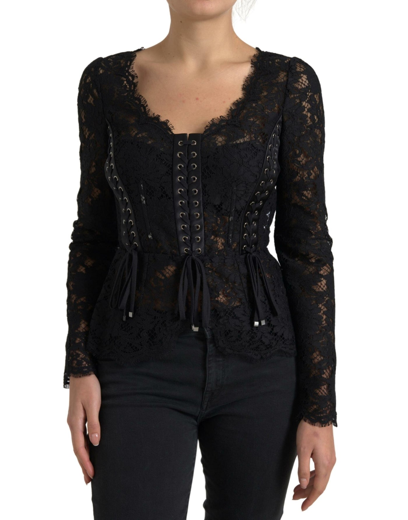 Black Cotton Floral Lace Corset Style Blouse