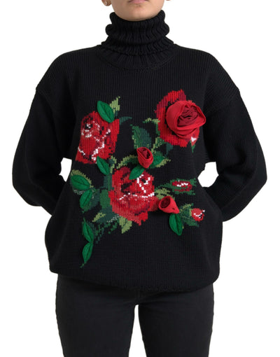 Black Roses Wool Turtleneck Pullover Sweater