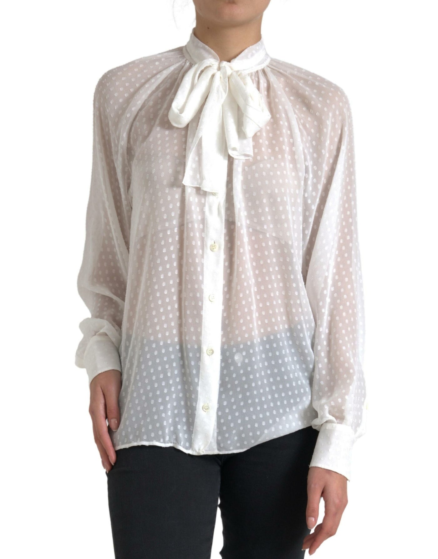 White Silk Sheer Tied Neck Polka Dots Blouse