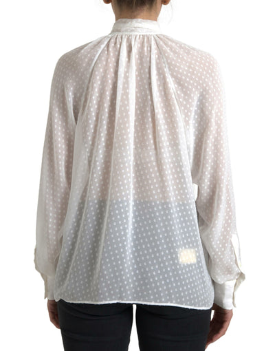 White Silk Sheer Tied Neck Polka Dots Blouse