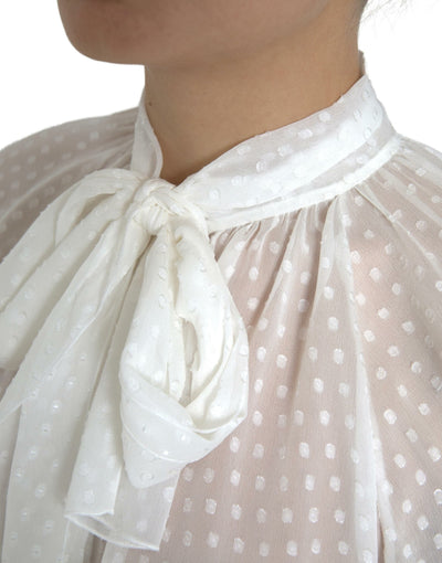 White Silk Sheer Tied Neck Polka Dots Blouse