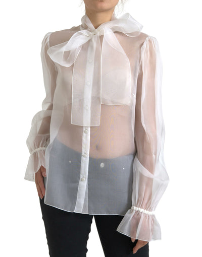 White Silk Sheer Organza Tied Neck Blouse