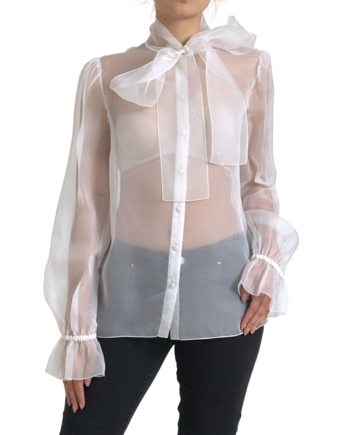 White Silk Sheer Organza Tied Neck Blouse