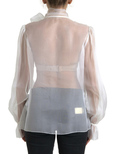 White Silk Sheer Organza Tied Neck Blouse