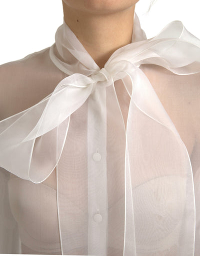 White Silk Sheer Organza Tied Neck Blouse