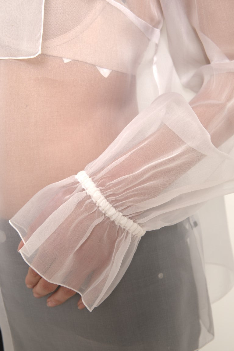 White Silk Sheer Organza Tied Neck Blouse