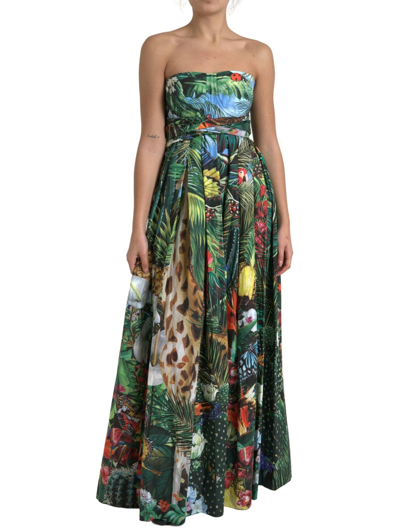 Multicolor Jungle Print Poplin Strapless Maxi Dress