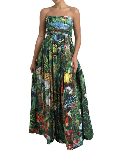 Multicolor Jungle Print Poplin Strapless Maxi Dress