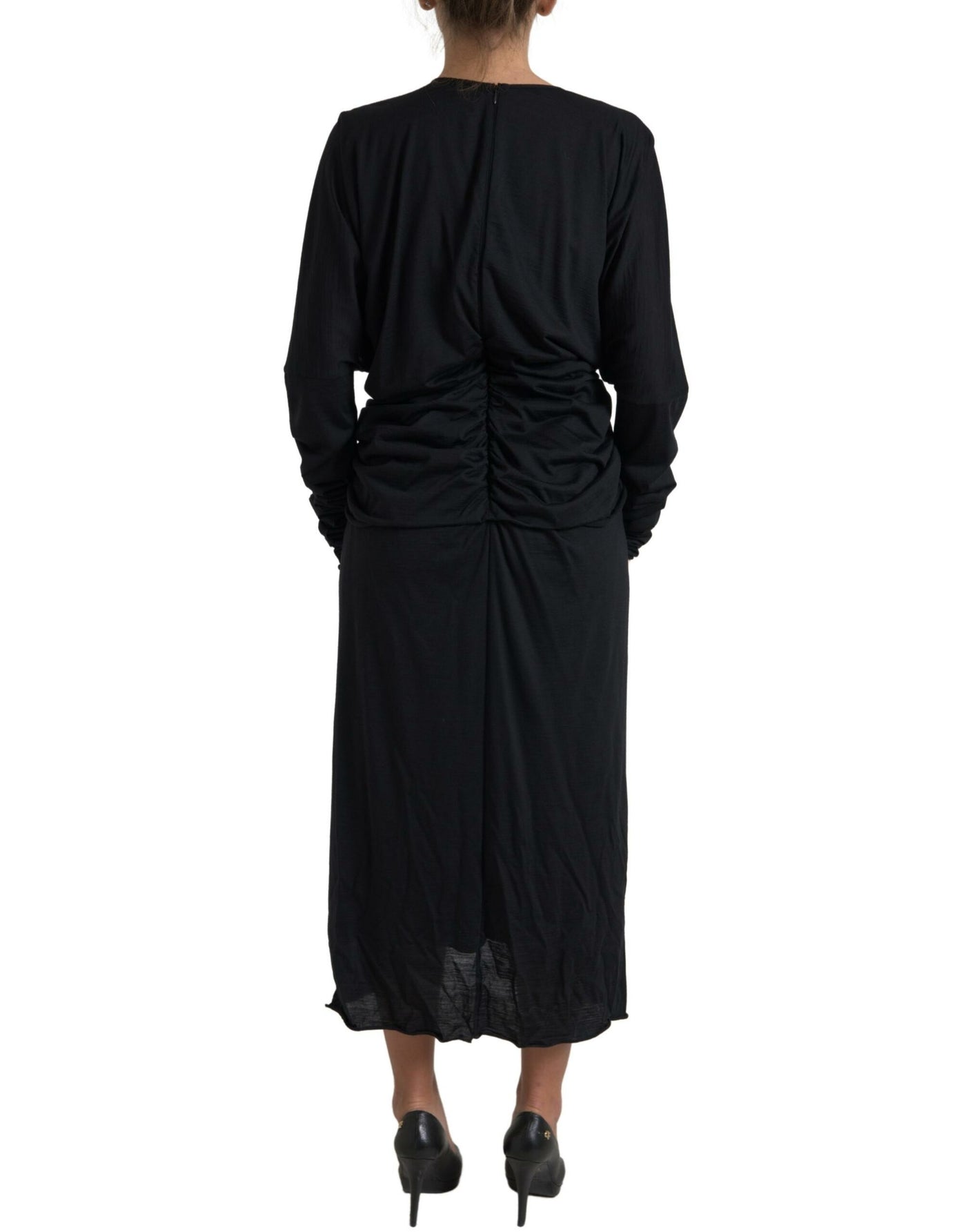 Black Wool Wrap Sheath Midi Gown Dress