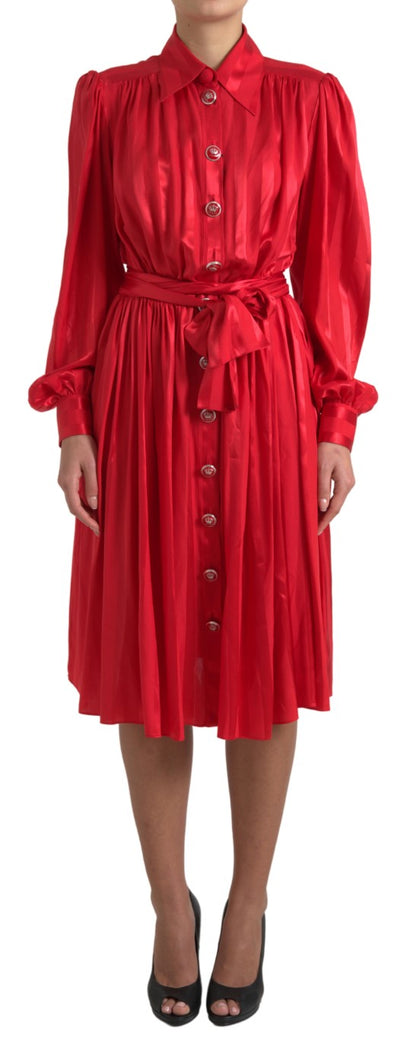 Red Satin Silk Button Down Belted Midi Dress