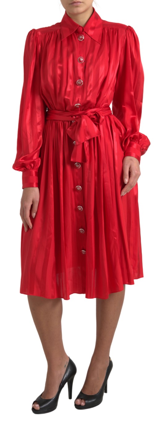 Red Satin Silk Button Down Belted Midi Dress