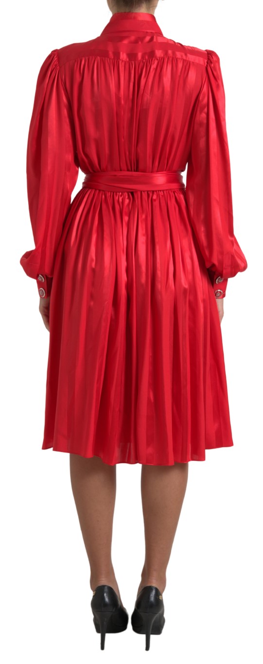 Red Satin Silk Button Down Belted Midi Dress