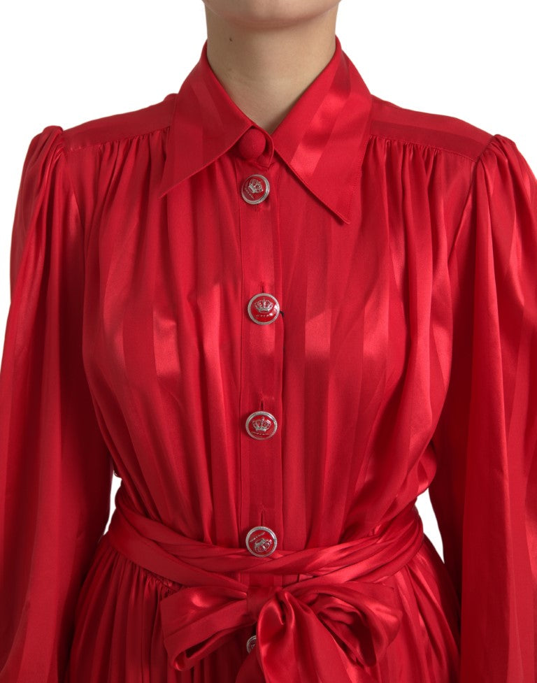 Red Satin Silk Button Down Belted Midi Dress