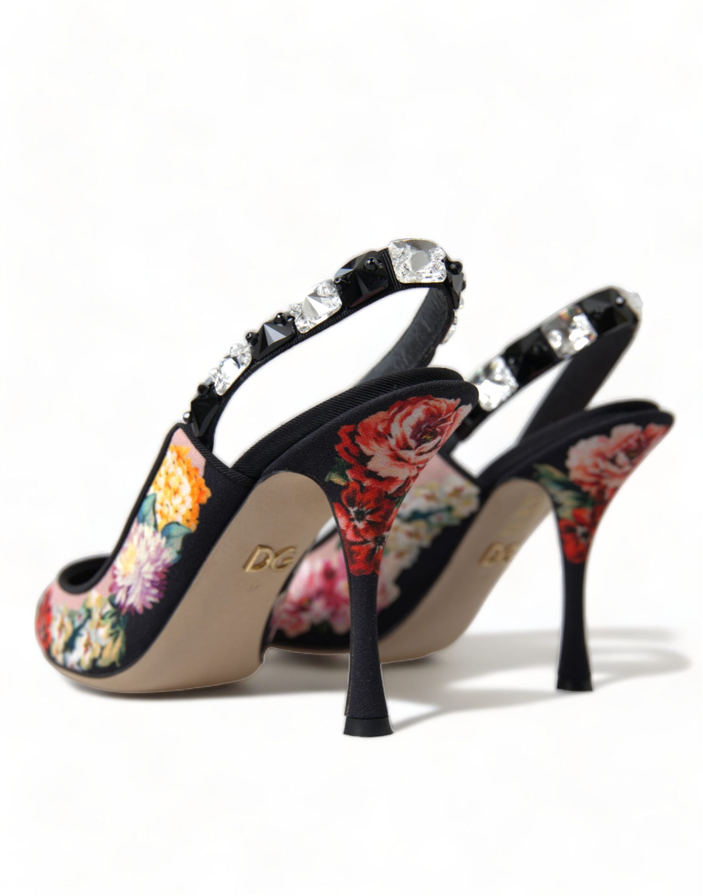 Black Floral Crystal Heels Slingbacks Shoes