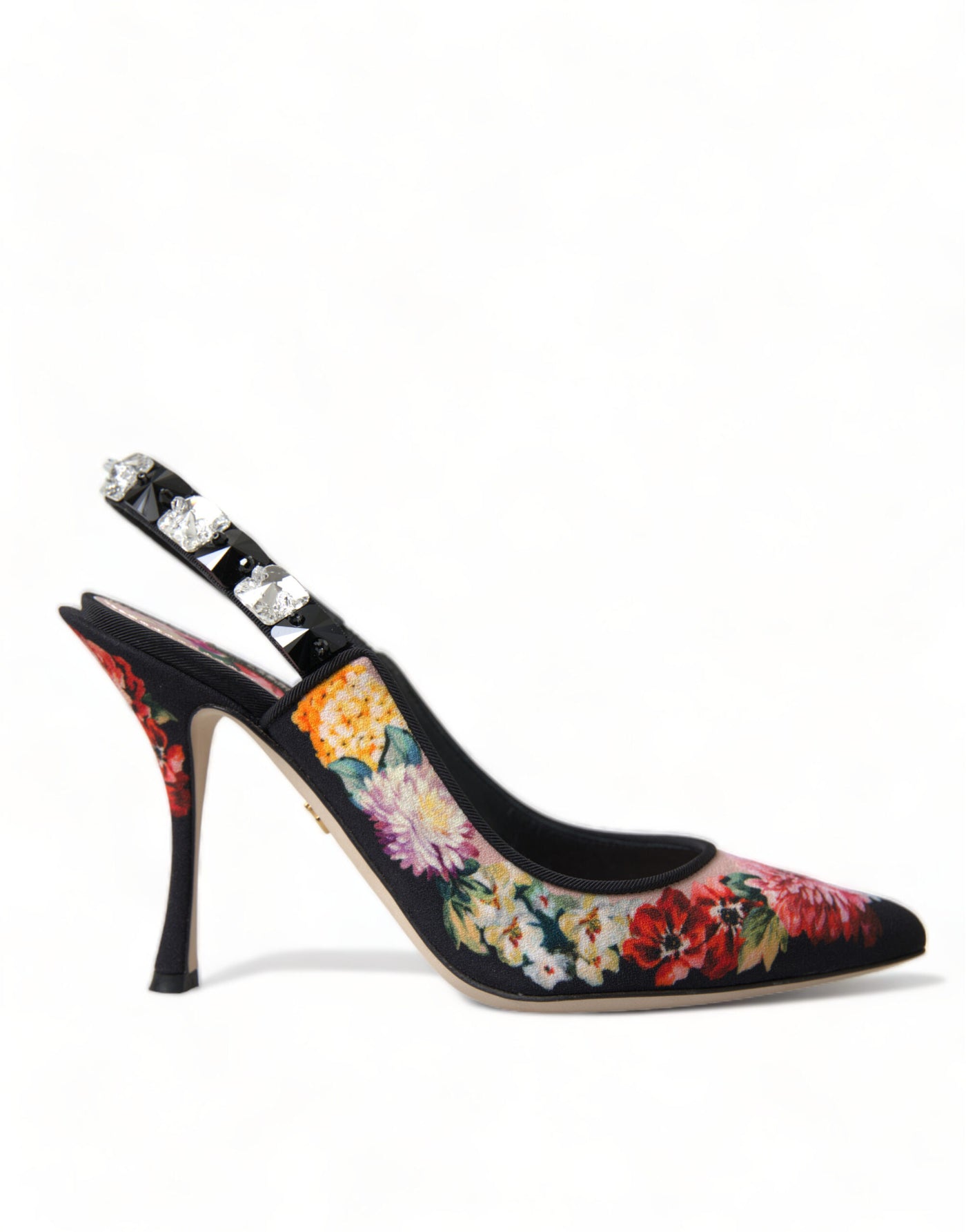 Black Floral Crystal Heels Slingbacks Shoes