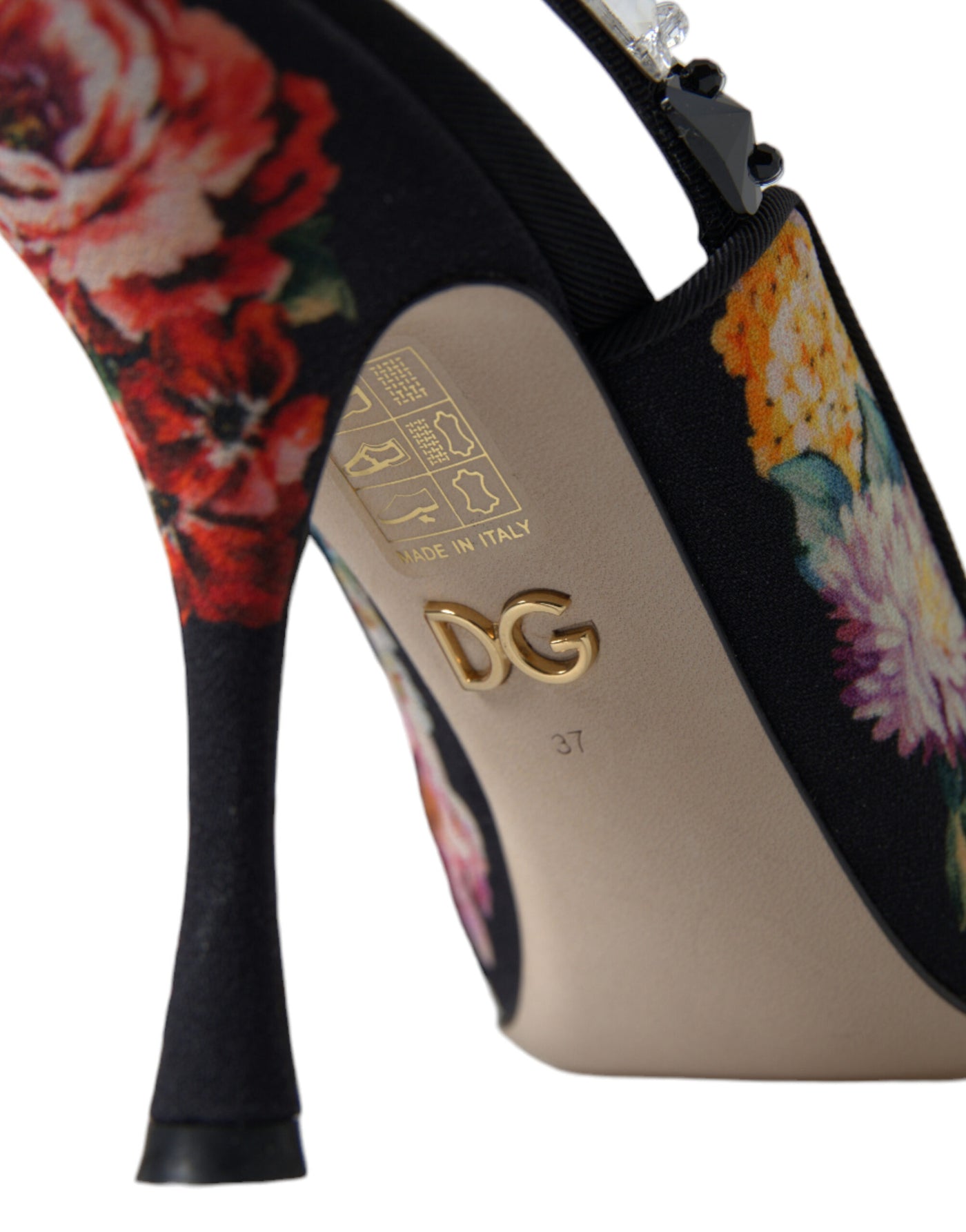 Black Floral Crystal Heels Slingbacks Shoes