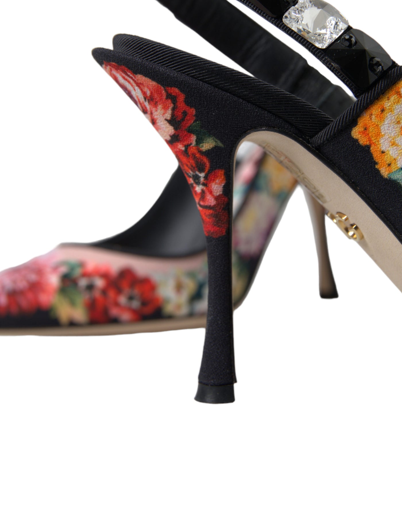 Black Floral Crystal Heels Slingbacks Shoes